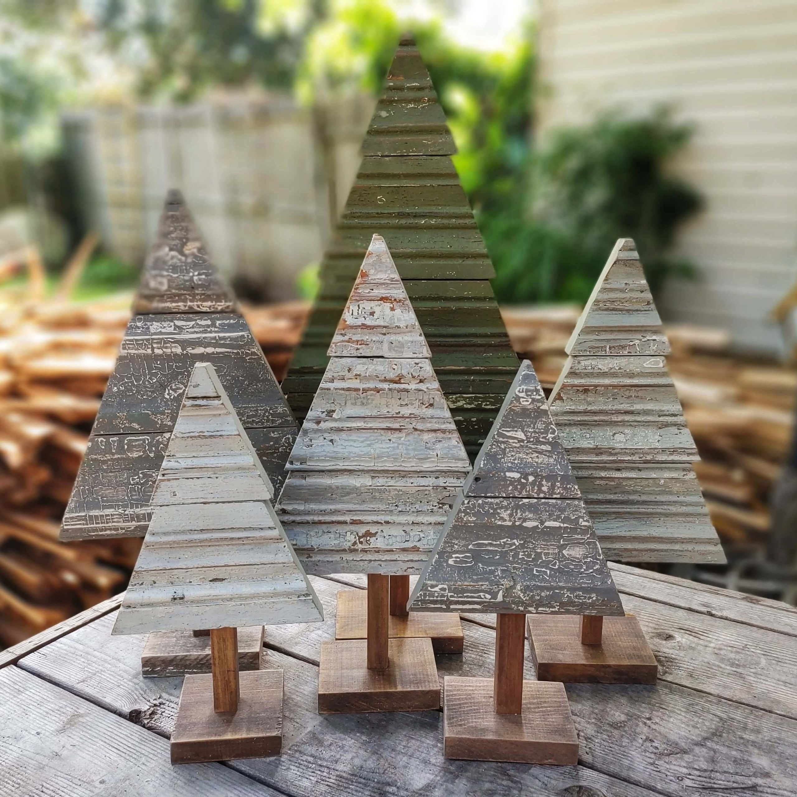 A group of trim trees made from reclaimed trim