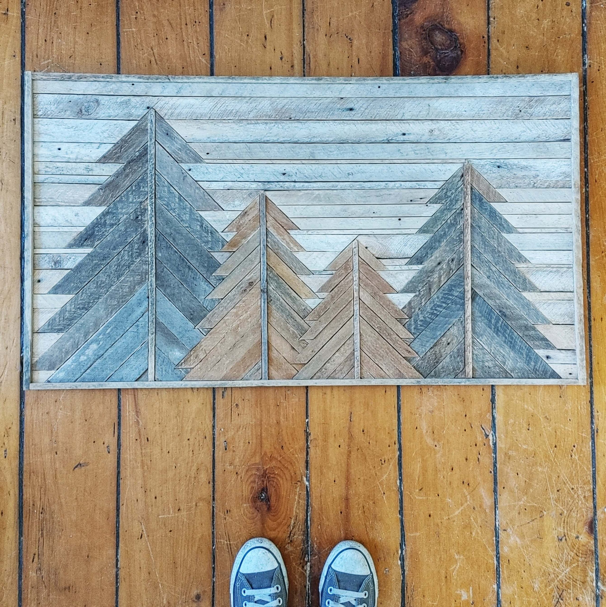 Lath art made from reclaimed lath with various sized trees